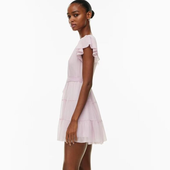Aritzia Little Moon Sol Dress Semi Sheer Tiered Belted Mini Lilac Size Large - Picture 3 of 10